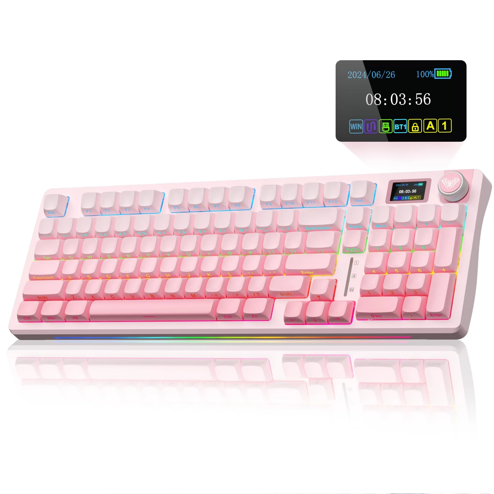 AULA S98 Pro Mechanical Gaming Keyboard,Tri-Mode BT5.0/2.4GHz/USB-C Wireless Mechanical Keyboards with LCD Screen,Knob,RGB Backlight,Hot Swappable Custom Keyboard for PC/Mac/Office/Gaming (Pink)