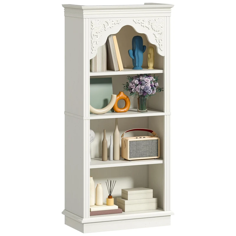 YITAHOME 4-Tier Vintage Bookcase with Carved Design Bookshelf Open Display Storage– Ideal for Living Room, Bedroom, Study & Office, White, 140cm - Image 1