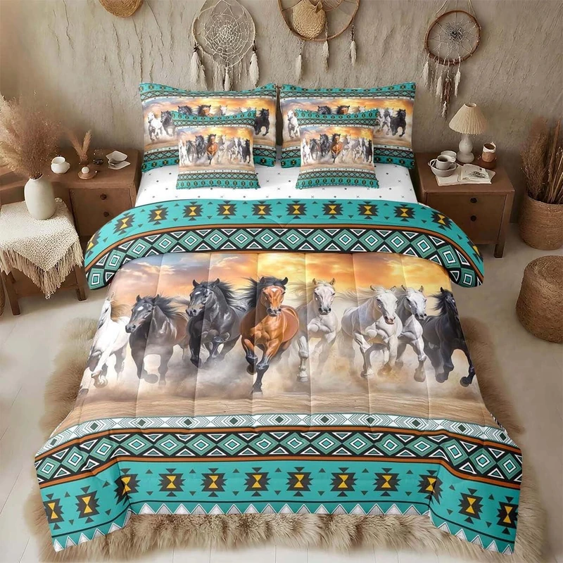 Feelyou Green Horse Comforter Set with Sheets Queen Size Kids Galloping Horse Bed in a Bag for Boys Girls Teens Wild Western Southwestern Aztec Rustic Farmhouse 7 Pieces Bedding Set Soft Room Decor