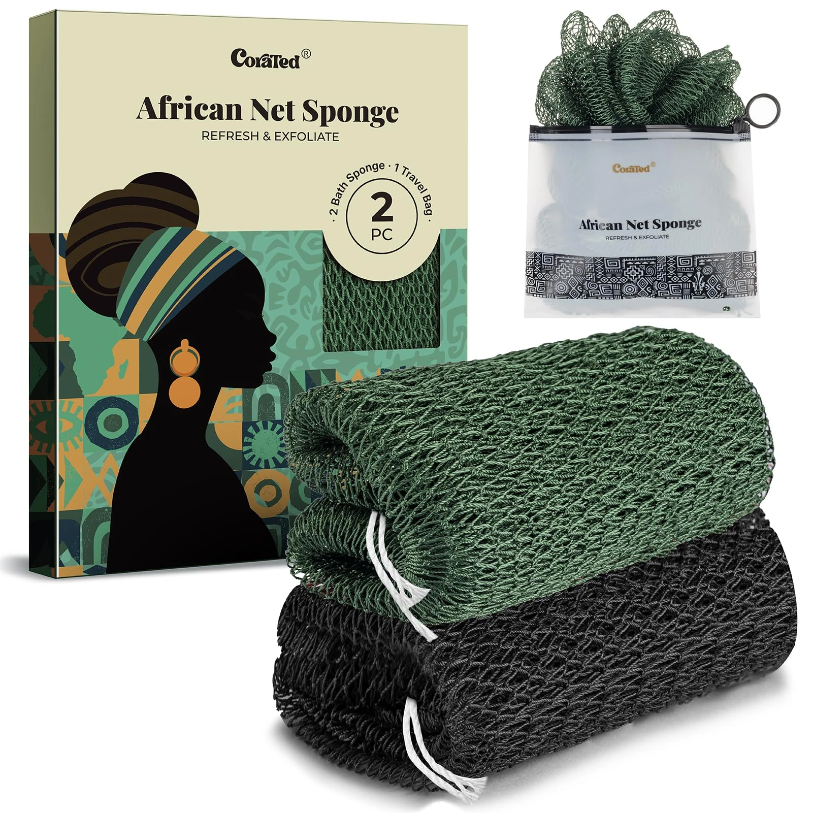 CORATED 2pcs African Exfoliating Net Sponge - Bath & Shower Net Sponges, Scrubbing Net Body, Beauty Skin Cleaning for Shower SPA Massage (Black & Dark Green)