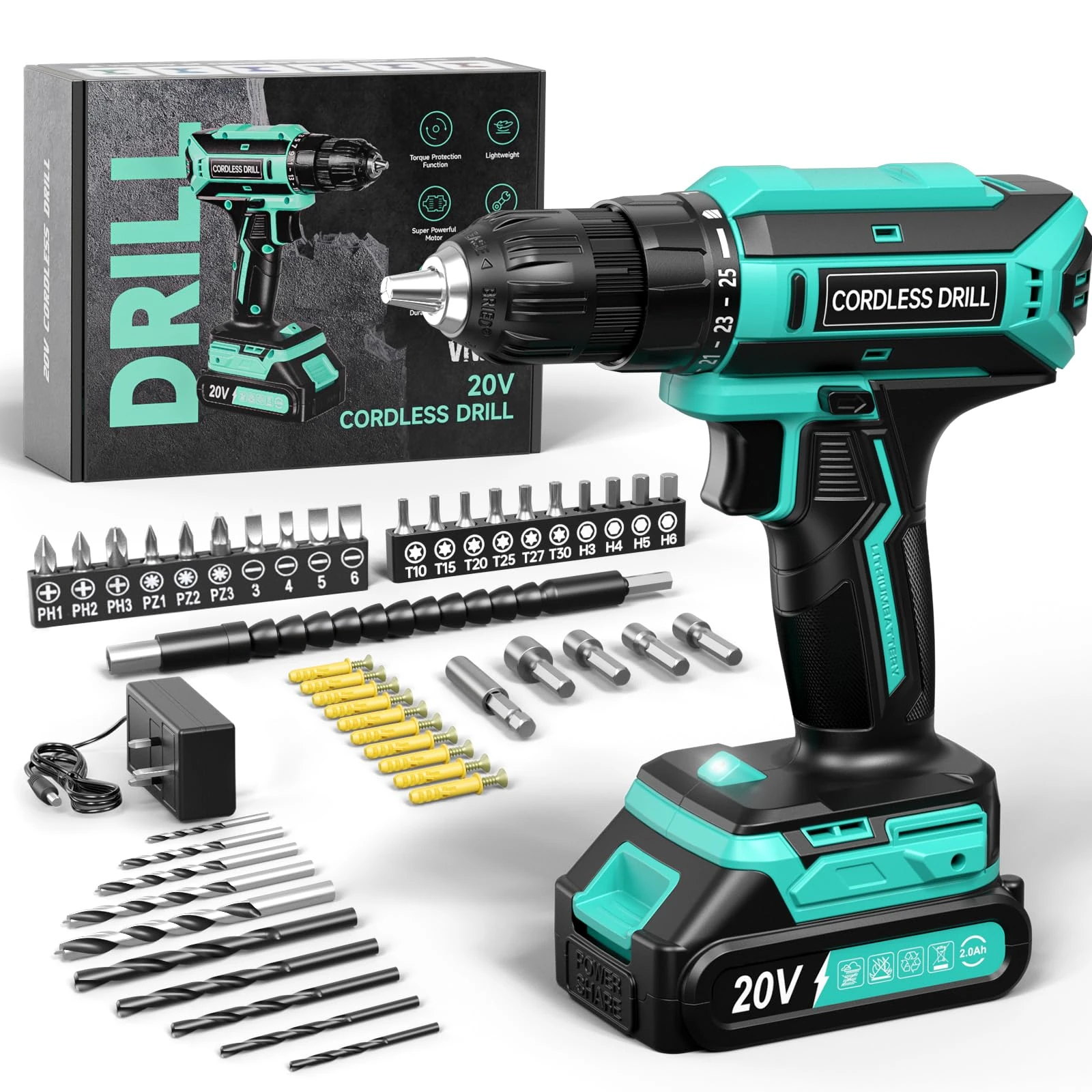 VIWKO Cordless Drill, 20V Electric Combi Drill Set, 25+1 Torque 370 in-lb Power Drills, Electric Screwdriver with 56PCS Accessories LED Light, 2.0Ah Battery Hand Drills Driver for Home Repair DIY Gift