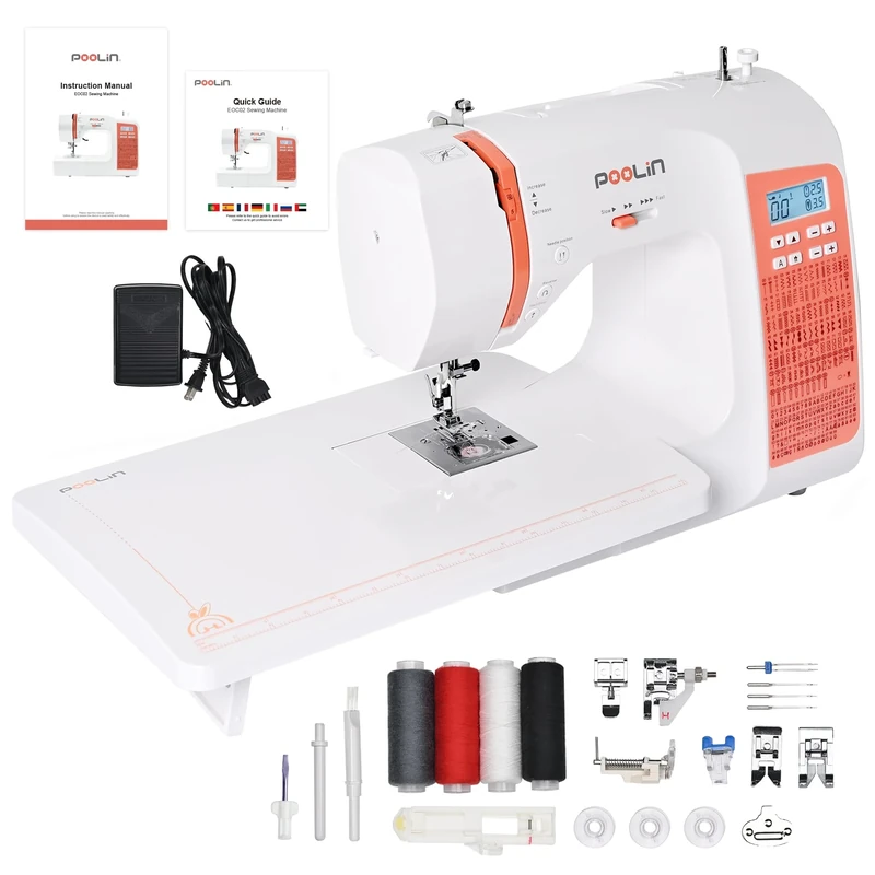 Poolin EOC02 Computerised Sewing Machine, 200 Built-in Stitches, 7 Presser Feet, Sewing Machine for Beginners (Orange)