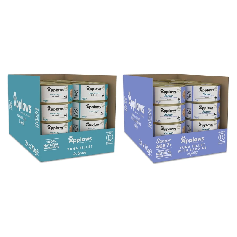 Applaws 100% Natural Cat Food Bundle – Senior Tuna with Sardine in Jelly (24 x 70g) + Tuna Fillet in Broth (24 x 70g), Dual Texture High-Protein Recipes