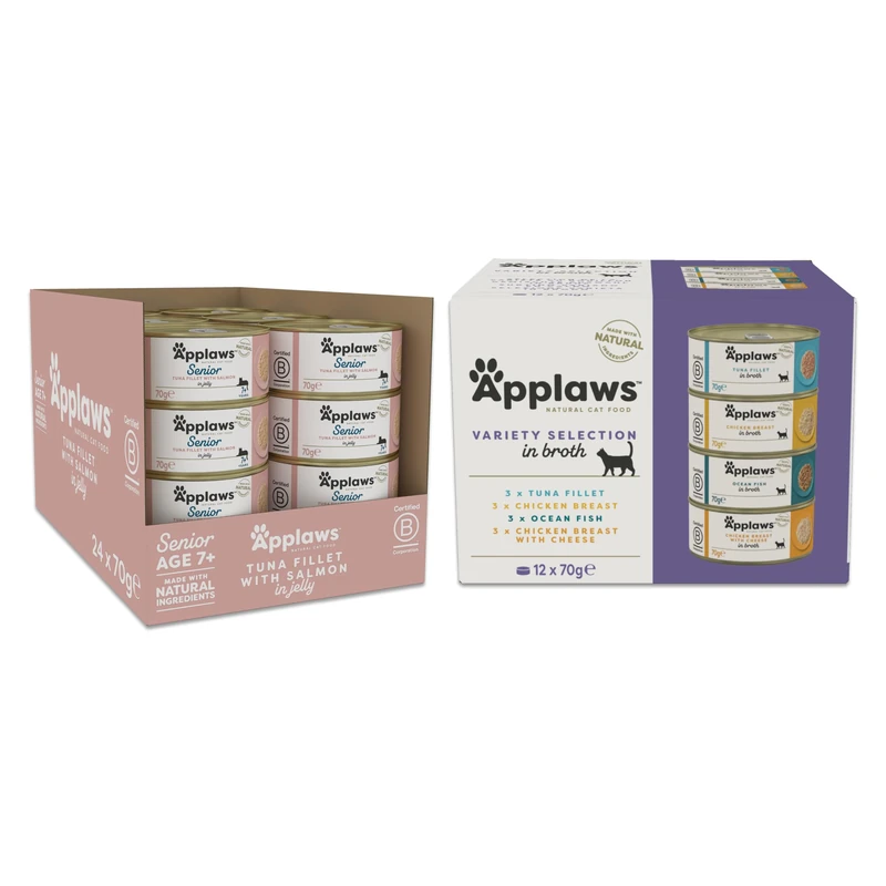 Applaws Senior + Adult Cat Food Bundle – Tuna with Salmon in Jelly (24 x 70g) + Variety Broth Selection (12 x 70g), 100% Natural Wet Recipes