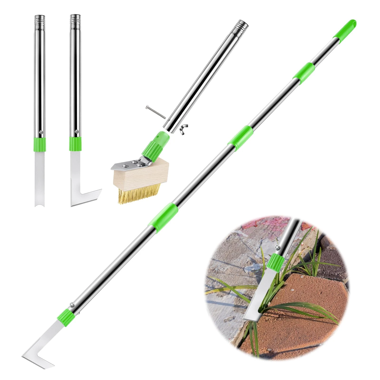 Patio Weed Remover Tool with Long Handle, Weed Scraper and Weed Brush Set Combo, 60" Block Paving Weeding Tool to Remove Weeds & Moss, 3 Different Weeder Tools for Garden, Patio, Driveway, Sidewalk