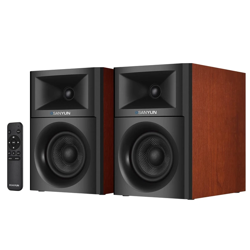 Sanyun SW205 4" Bookshelf Speakers | Immersive HiFi Audio with Virtual Surround | Flagship DAC/DSP Engine | Geometric Diffusion Cabinet | 80W, Bluetooth 5.4/Optical/AUX Inputs, Wireless Remote, Red