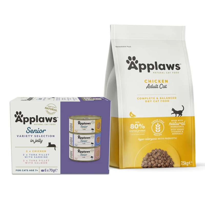 Applaws Adult + Senior Cat Food Bundle – Chicken Kibble (7.5kg) + Senior Jelly Multipack (24 x 70g), 100% Natural Balanced Diet