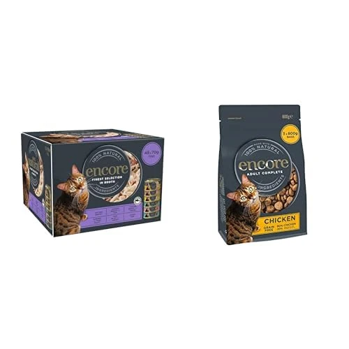 Encore Natural Chicken and Fish Selection Multipack of Tins in Broth 70g, Bulk Pack of 48 + Complete Grain-Free High Protein Chicken Dry Cat Food 2.4kg for Adult Cats