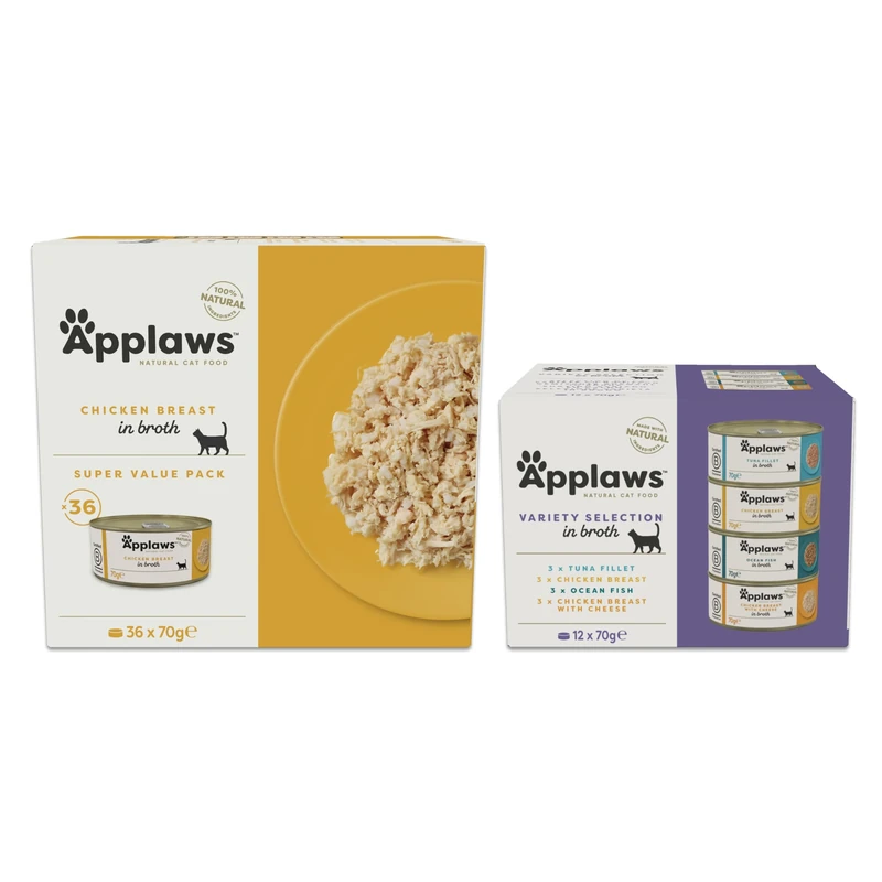Applaws 100% Natural Cat Food Bundle – Chicken Breast Super Pack in Broth (36 x 70g) + Variety Broth Selection (12 x 70g), Premium Grain-Free Meals