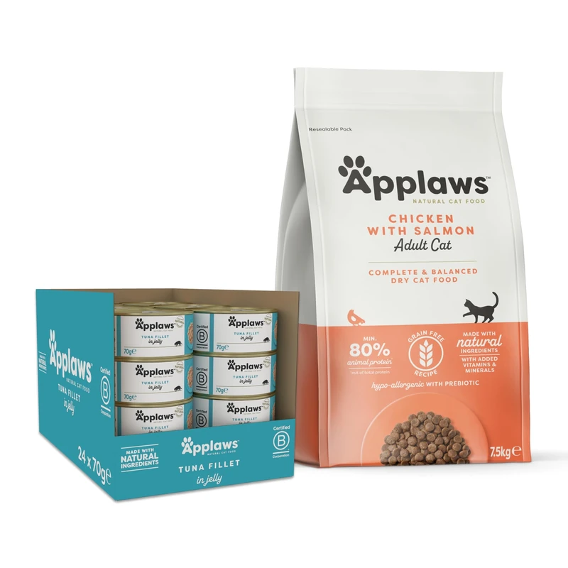 Applaws 100% Natural Cat Food Bundle – Chicken & Salmon Kibble (7.5kg) + Tuna in Jelly Tins (24 x 70g), High-Protein Nutrition for Adult Cats