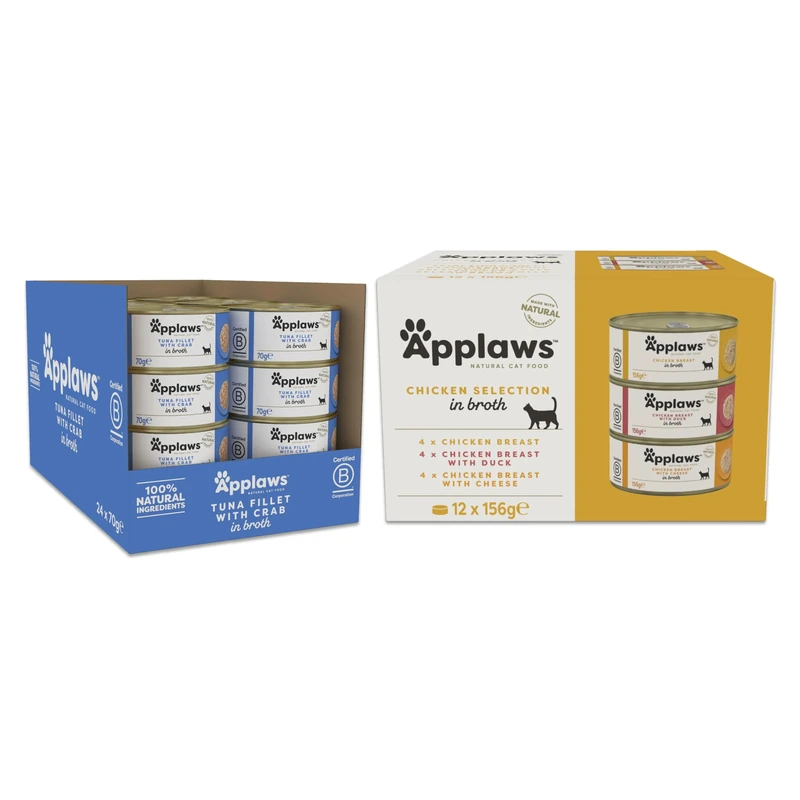 Applaws 100% Natural Cat Food Bundle – Chicken Selection (12 x 156g) + Tuna with Crab in Broth (24 x 70g), Protein-Rich Recipes for Adult Cats