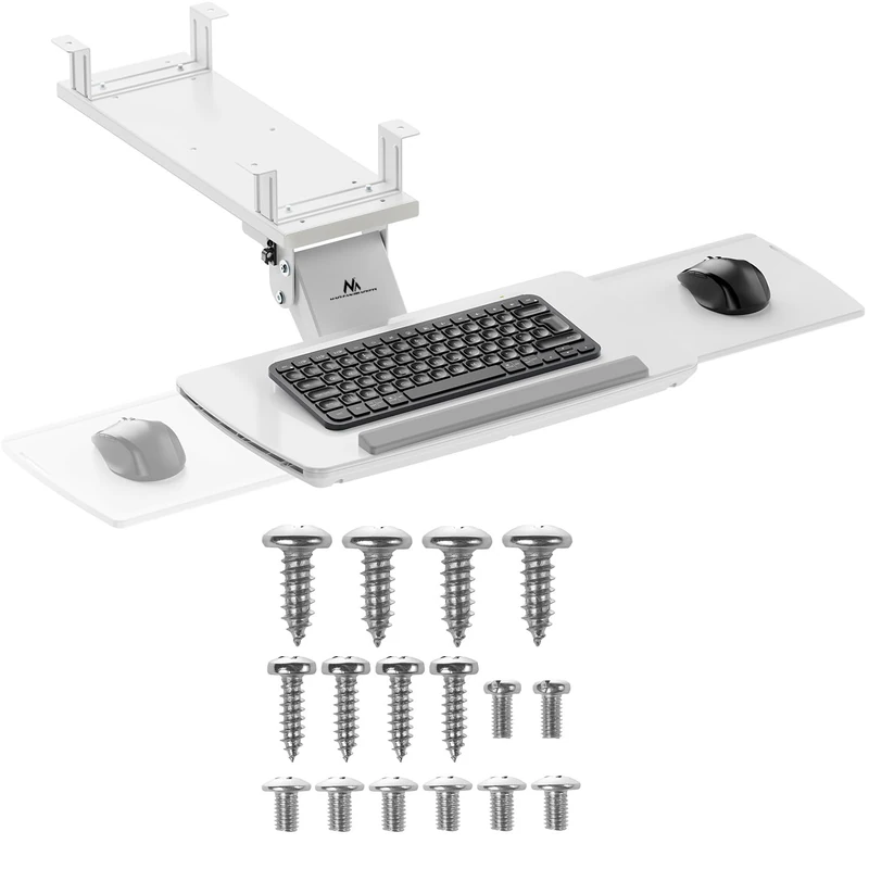 Maclean under-desk keyboard tray with mouse tray | Height-adjustable Tiltable Rotatable | Ergonomic holder for desks up to 5kg | Keyboard holder made of steel and plastic (White)