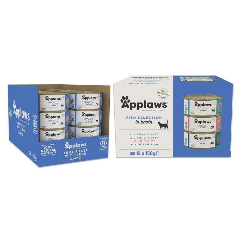 Applaws 100% Natural Cat Food Bundle – Fish Selection (12 x 156g) + Tuna with Crab in Broth (24 x 70g), Premium High-Protein Wet Meals