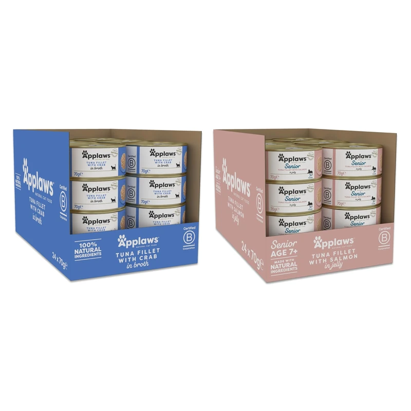 Applaws Senior + Adult Cat Food Bundle – Tuna with Salmon in Jelly (24 x 70g) + Tuna with Crab in Broth (24 x 70g), 100% Natural Grain-Free Recipes