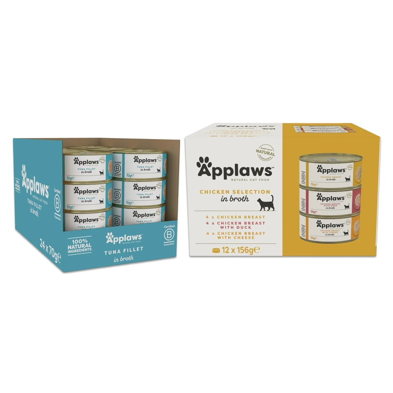Applaws 100% Natural Cat Food Bundle – Chicken Selection (12 x 156g) + Tuna in Broth (24 x 70g), Premium Protein for Adult Cats