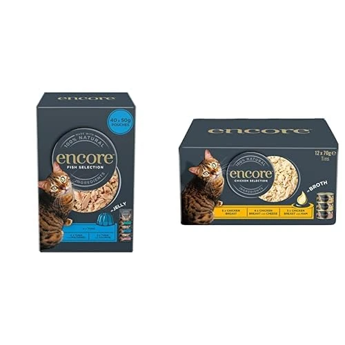 Encore Natural Fish Selection Multipack 40x Pouches in Jelly + Chicken Selection Multipack Tins in Broth Wet Cat Food 12x70g
