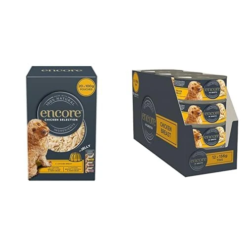 Encore Natural Chicken Selection Multipack of Pouches in Jelly 4 x (5 x 100g) + Chicken Breast with Rice Wet Dog Food Tins 12 x 156g