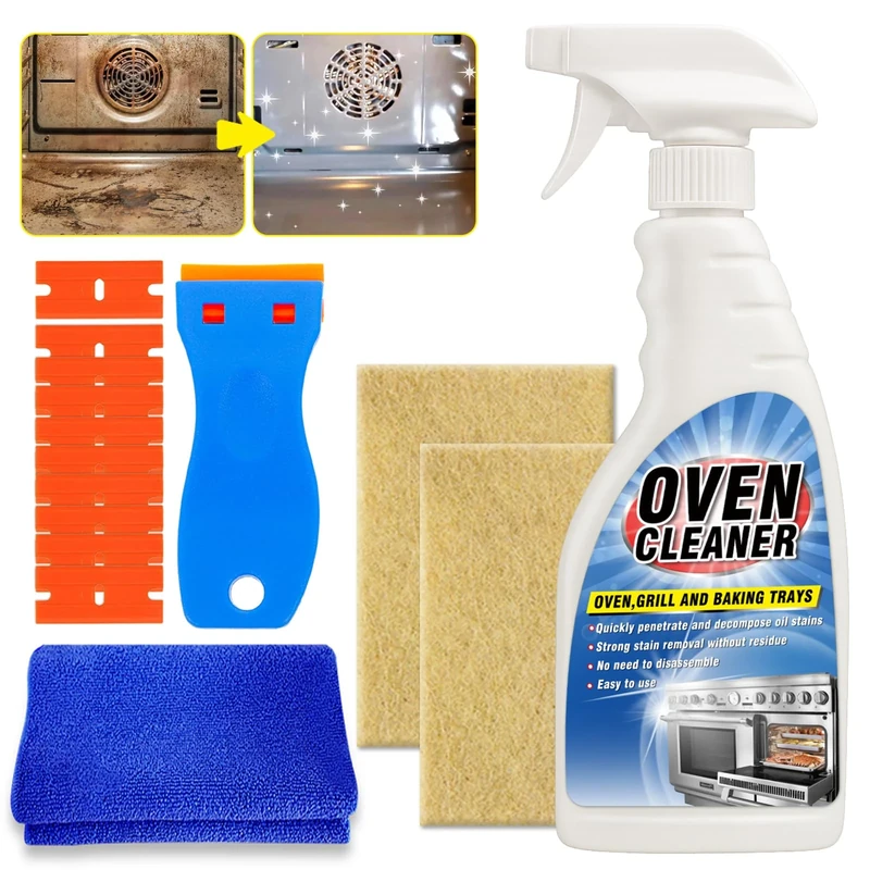 Tiepetly Oven Cleaner Heavy Duty 500ml, Complete Oven Cleaner Kit with Non-Scratch Scraper, Cloth, Easy Deep Clean for Racks, Grills, BBQ, Air Fryers, Kitchens, Outdoor and Vehicles