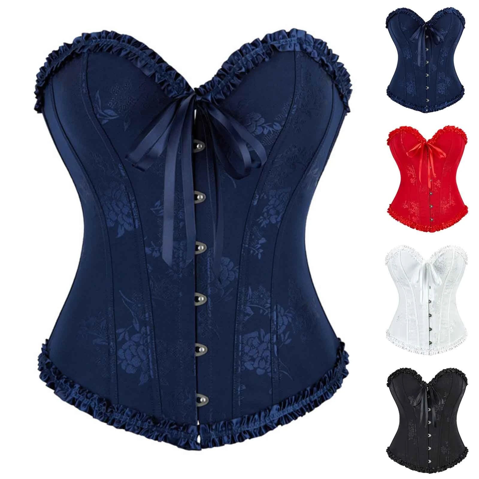 Women's Victorian Corset Top Ladies Floral Jacquard Overbust Basque Bustiers Ruffle Waist Trainer Lace up Boned Bustier Top Chest Support Waist Cincher Push Up Body Shaper Renaissance Shapewear