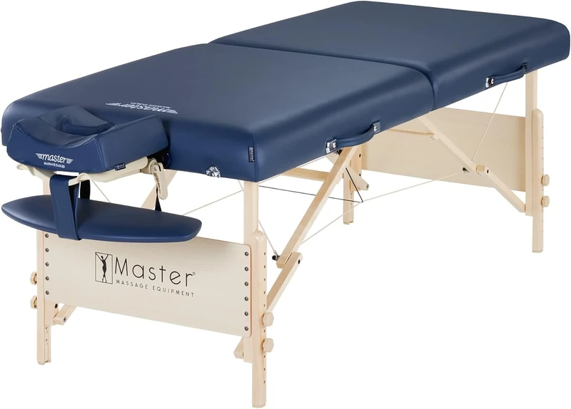 Master Massage Wooden Luxury Massage Table, 7.6cm Cushioning Coronado 76cm Lash, Massage, Therapy Bed, Full Table Package, Royal Blue with Natural Wood Finish Frame