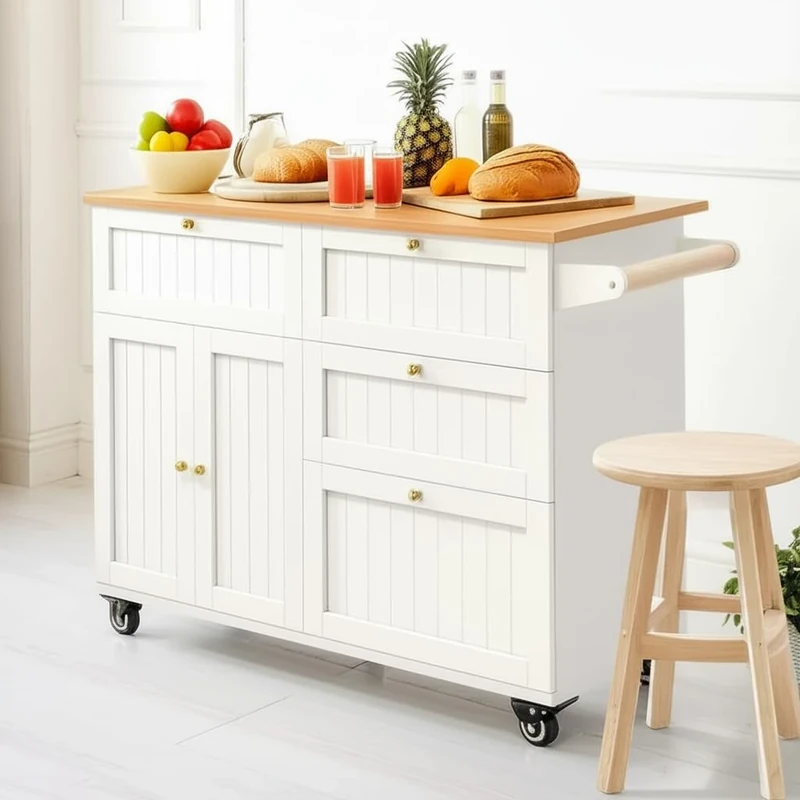 FurnitureR 1PC White Storage Cart, be Freely Unfolded and Retracted, a Wooden Top with Wheels, Suitable for Both Home and Kitchen Use, and a Space Saving Solution with Multiple Drawers and Cabinets