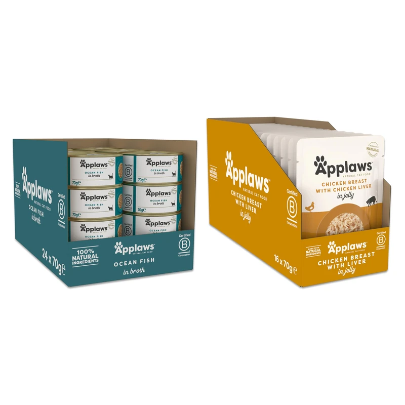 Applaws 100% Natural Wet Cat Food Bundle – Tuna Fillet with Sea Bream in Broth Pouches (12 x 70g) + Chicken & Fish Selection Tins (12 x 70g), High-Protein Recipes for Adult Cats