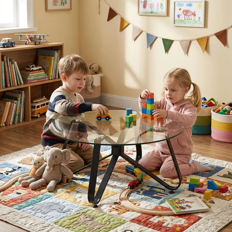 FurnitureR 80cm Round Glass Table for Children's Bedroom, Teens Boys Girls Play Table