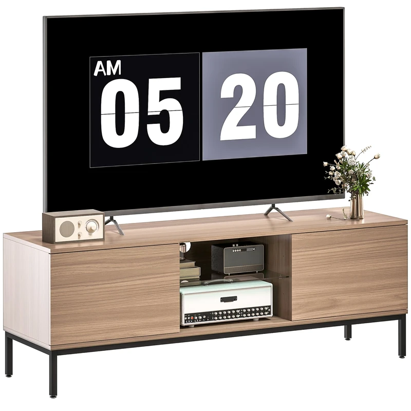 HOMCOM TV Stand 140 cm TV Stand for up to 60 inch TV with 2 Doors and Adjustable Glass Shelf, Modern TV Bench for Living Room, Bedroom, Grey