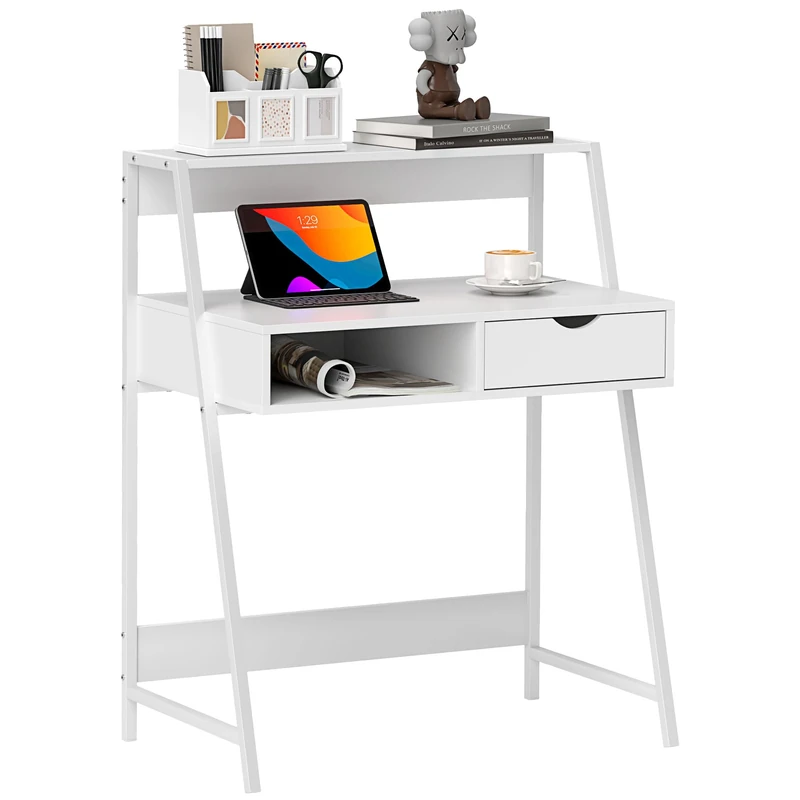HOMCOM Office Secretary Office Computer Desk Neo-Retro Style Drawer Niche Shelf Metal White