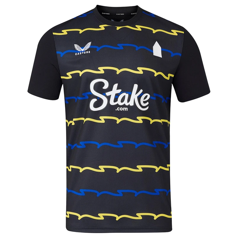 Everton FC Castore Men's Third Short Sleeve Shirt, Black Onyx/Surf The Web/Minion Yellow, L