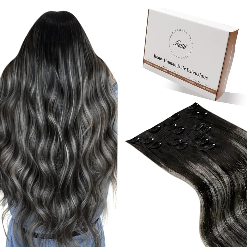 Hetto Clip in Hair Extensions Real Human Hair Black Hair Extensions Clip in Human Hair 120g 7pcs Full Head Balayage Natural Black Mix Silver Hair Invisible Seamless Quick Wear #1b/s/1b 14 Inch