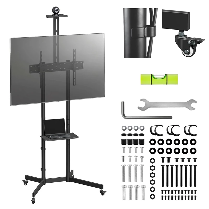 Maclean TV stand on castors 37–70″ | Mobile trolley with 2 height-adjustable shelves Camera shelf VESA 600×400 Cable management | Load capacity 45 kg | Black steel | MC‑113