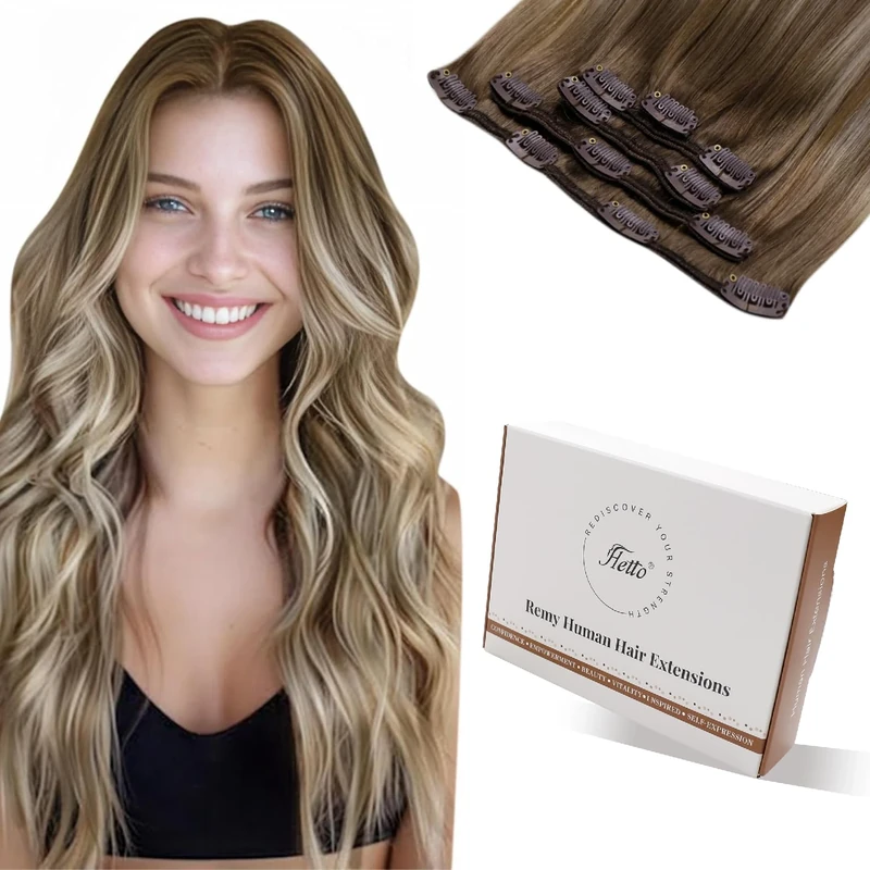 Hetto Clip in Hair Extensions Real Human Hair 18 Inch Balayage Brown Ombre Blonde Human Hair Clip in Extensions Full Head Comfortable Reusable Straight Hairpieces for Outings 80g 5pcs #8/60/8