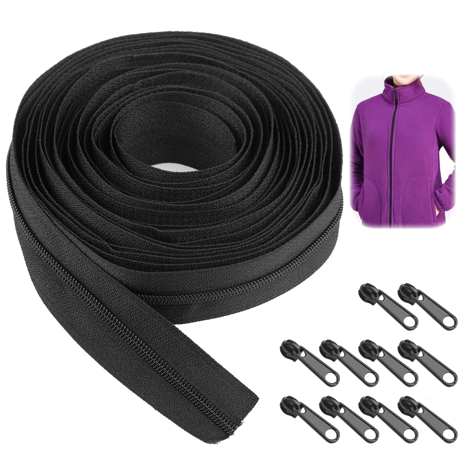 UIHRLM Continuous Zip, 5m Black Zippers for Sewing with 10PCS Zipper Sliders, 3# Heavy Duty Nylon Replacement Sewings Zipper for DIY Sewing, Bags, Crafts, Pillows, Purses, Dresses