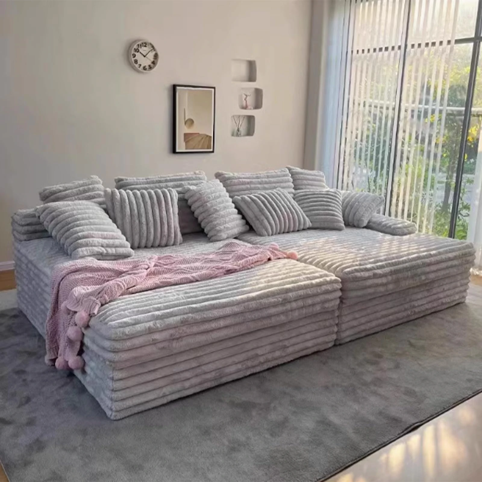 Extra Wide Oversized Chaise Lounge Chair Plush Cord Upholstery for Deep Seating Cozy Reading Nook for Bedroom Living Room & Office Beige 220 x 170 x 80 cm