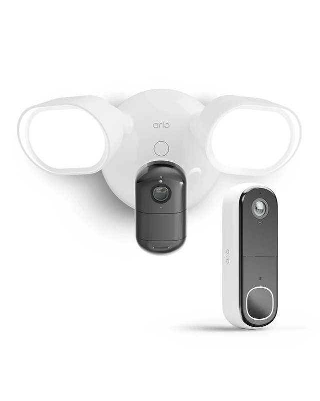 Arlo Floodlight Security Camera Outdoor and HD Video Doorbell, Quality 2K HDR, Colour Night Vision, Ringing Alarm Siren, Up to 2000 Lumen, 2-Way Talk, Trial of Arlo Secure Included, White
