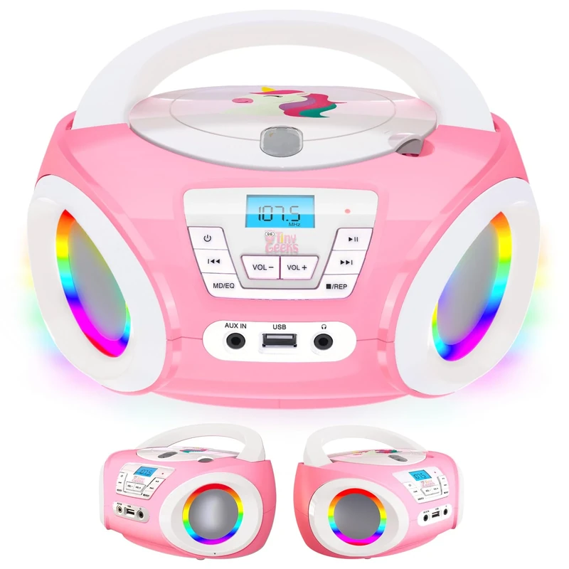 TinyGeeks Tunes Kids Boombox CD Player for Children - FM Radio - Includes Batteries - Purple Radio - CD Player with Speakers for Kids and Toddlers - Rose