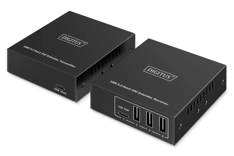 DIGITUS USB 3.2 Gen1 Extender over Ethernet – 4-Port USB Hub – 3x Type A, 1x Type C – 100m Range with Cat 6 Network Cable – 5Gbps – Black