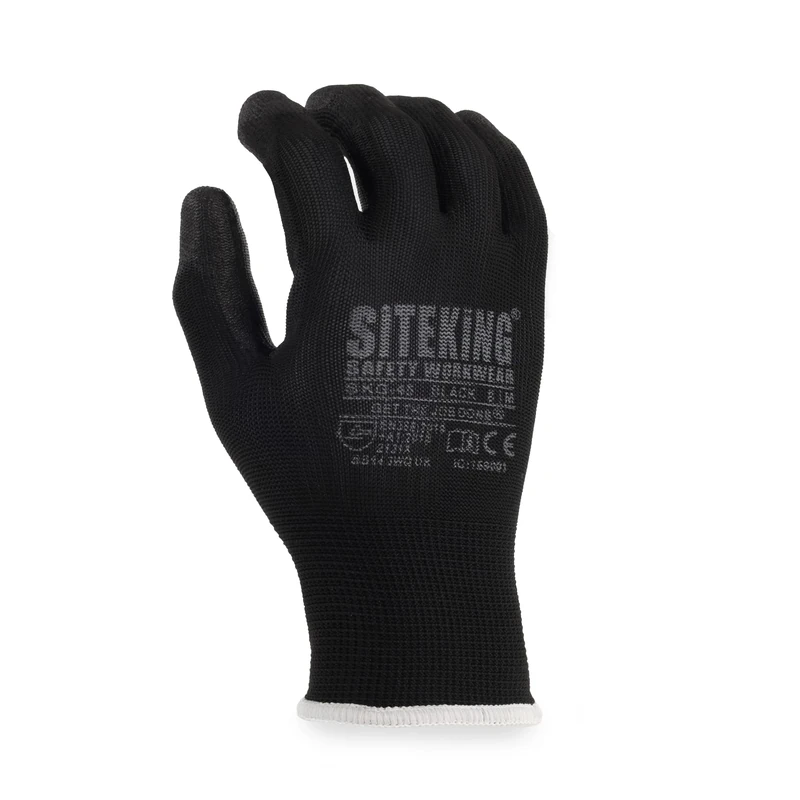 SITE KING PU Palm Work Gloves 12 Pairs – Safety Grip Gloves for Precision Tasks, Construction, Warehouse & Gardening – Breathable, Durable (Black, 2XL)