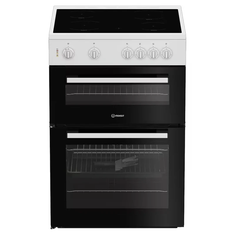 Indesit 60cm Freestanding Electric Cooker with Ceramic Hob, Twin Cavity Fan Oven & Grill – White – A Energy Rated