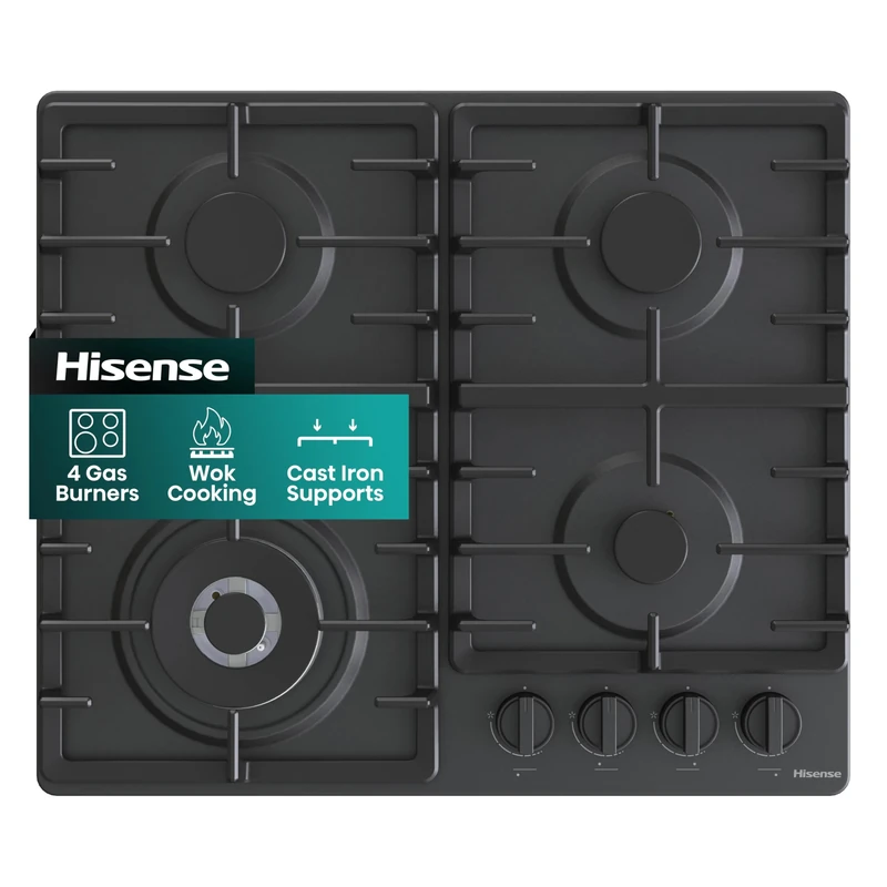 Hisense GM663BHF Gas Hob, 4 Cooking Areas, Width 60 cm, Double Crown Wok Burner and Cast Iron Grills, Integrated Ignition, Black