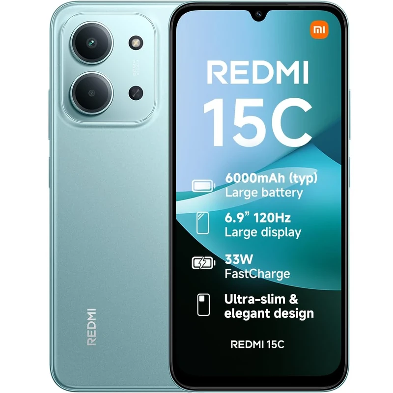 XIAOMI Redmi 15C, Smartphone 4+256GB, 6.9" 120Hz Display 7.99mm Design, MediaTek Helio G81-Ultra Octa-core, 50MP AI dual camera, 6000mAh, Mint Green, Charger Not Included