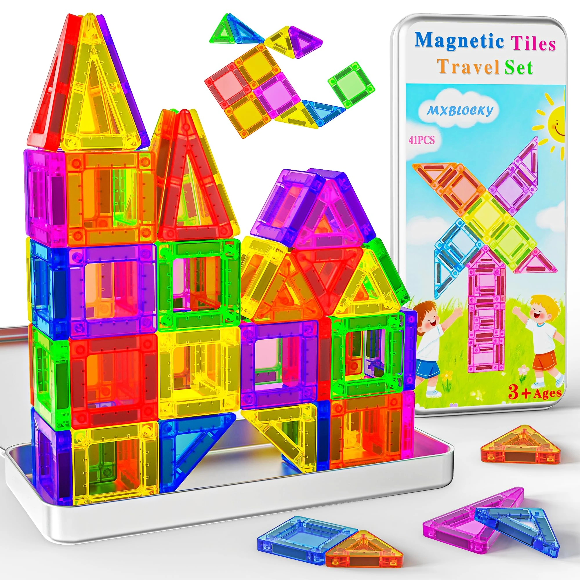 Mini Magnetic Tiles Travel Set for Kids Ages 3-8 41PCS STEM Educational Magnetic Building Blocks Toys for Toddlers Boys&Girls With Portable Storage Bag for Montessori Learning Christmas Birthday Gifts