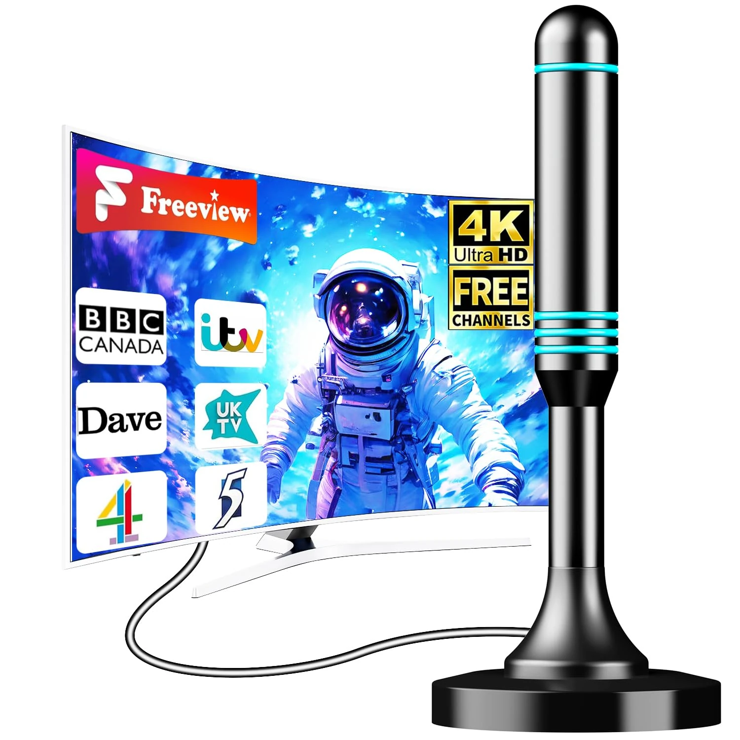2025 Indoor TV Aerial – Long Range Freeview Aerial with 360° Signal Reception, Magnetic Base, 4K & Full HD Support, Easy Install for Smart & Older TVs, 16.5ft Cable
