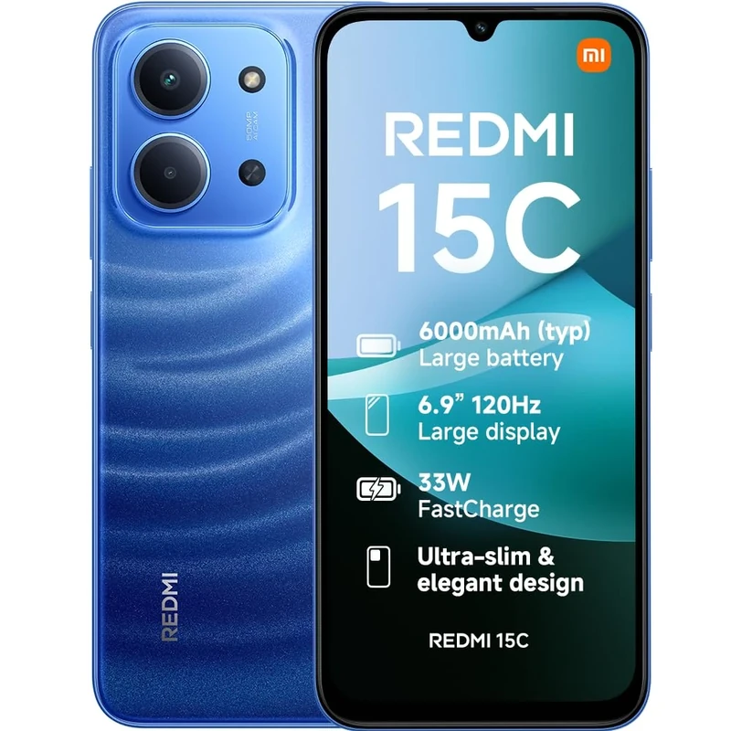 XIAOMI Redmi 15C, Smartphone 4+256GB, 6.9" 120Hz Display 7.99mm Design, MediaTek Helio G81-Ultra Octa-core, 50MP AI dual camera, 6000mAh, Moonlight Blue, Charger Not Included