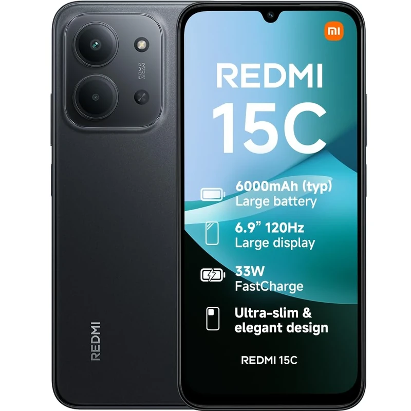 XIAOMI Redmi 15C, Smartphone 4+256GB, 6.9" 120Hz Display 7.99mm Design, MediaTek Helio G81-Ultra Octa-core, 50MP AI dual camera, 6000mAh, Midnight Black, Charger Not Included