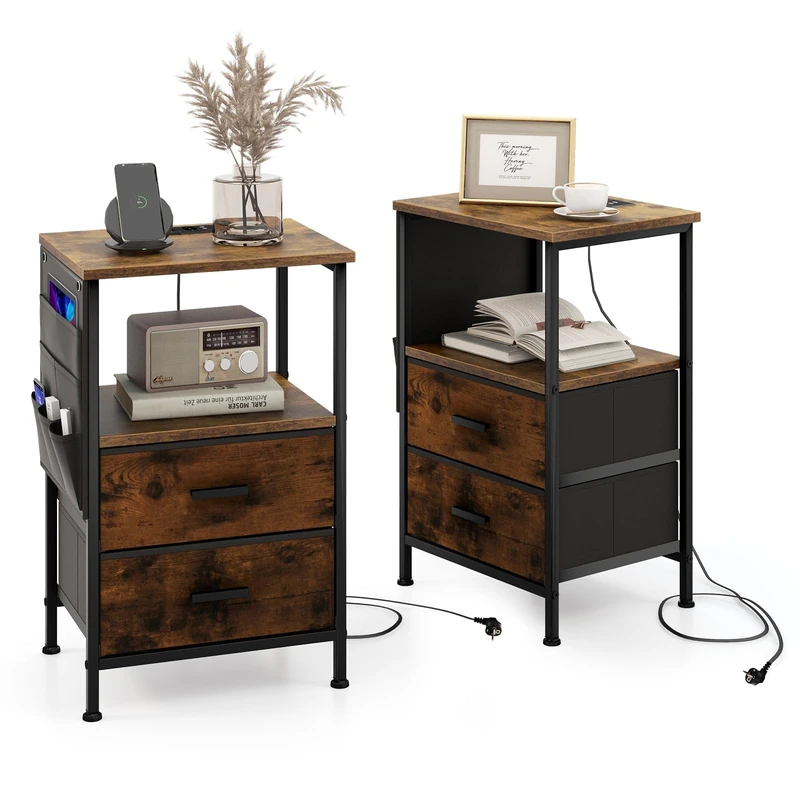 FANTASK Bedside Table with Charging Station Set of 2, 38 x 30 x 60 cm, Industrial Coffee Tables with USB Ports & Sockets, Side Table with 2 Drawers & 6 Side Pockets for Bedroom, Living Room - Image 1