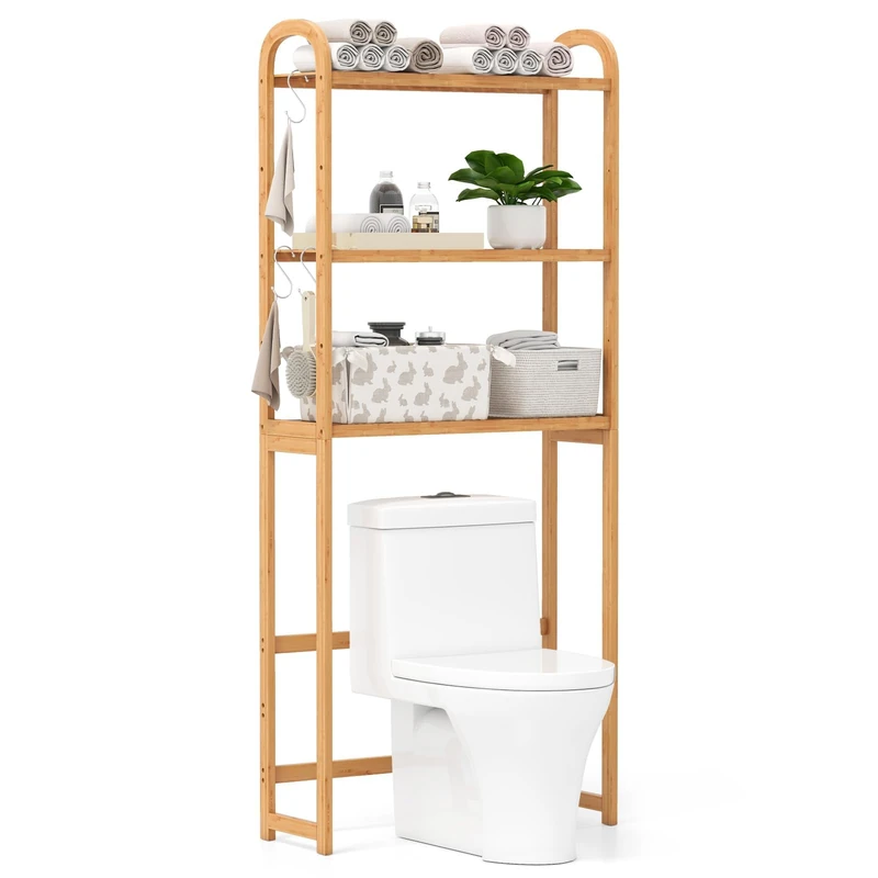 FANTASK 3-Tier Bathroom Shelf Bamboo Toilet Shelf Overmount Cabinet Freestanding with 3 Hooks Toilet Cabinet Washing Machine Shelf 71.5 x 25 x 166 cm - Image 1