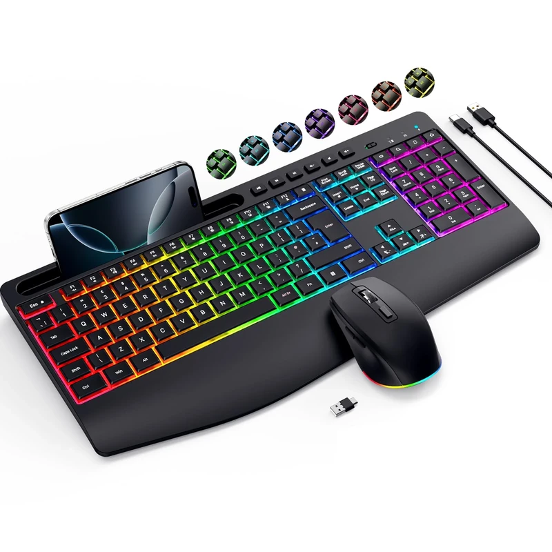 Wireless Keyboard and Mouse Set 9 RGB Backlit Effects, Wrist Rest, 2.4G Rechargeable Ergonomic Keyboard with Phone Holder, Silent Keyboard Mouse Combo for Windows, Laptop, PC
