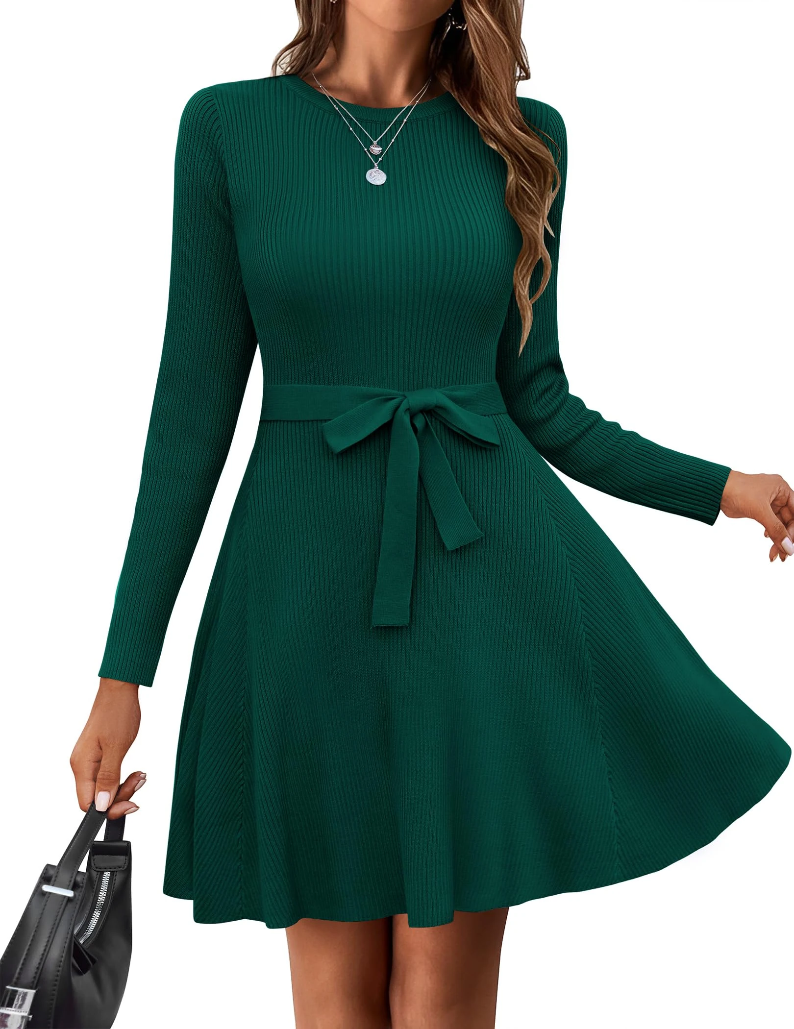 HOTOUCH Dresses for Women UK Knitted A-Line Jumper Dress Casual Long Sleeve Ladies Dresses with Belt for Autumn Winter Green L